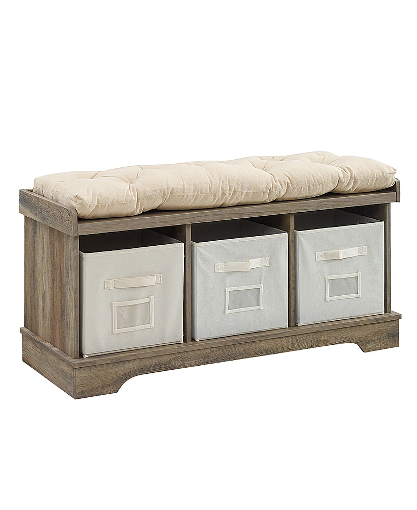 Angle View: Walker Edison - Rustic Farmhouse Entryway Storage Bench with Totes - Grey Wash