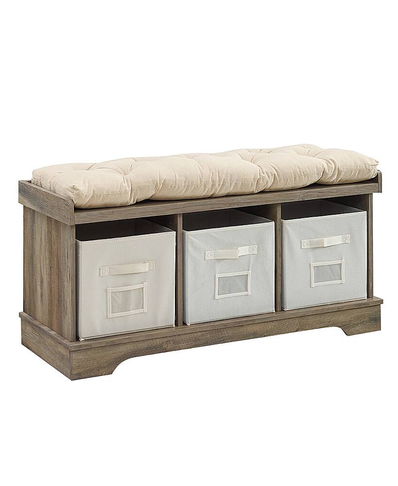 Angle. Walker Edison - Rustic Farmhouse Entryway Storage Bench with Totes - Grey Wash.