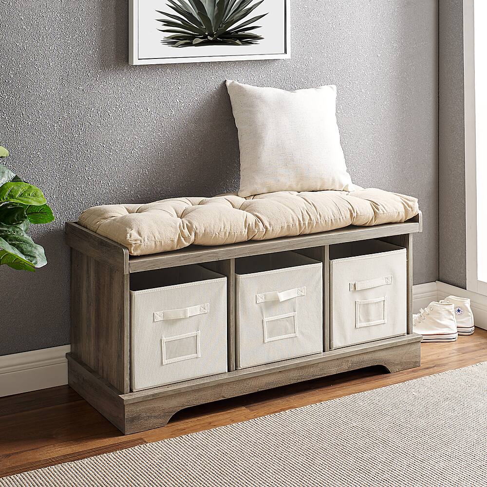 Alt View 14. Walker Edison - Rustic Farmhouse Entryway Storage Bench with Totes - Grey Wash.