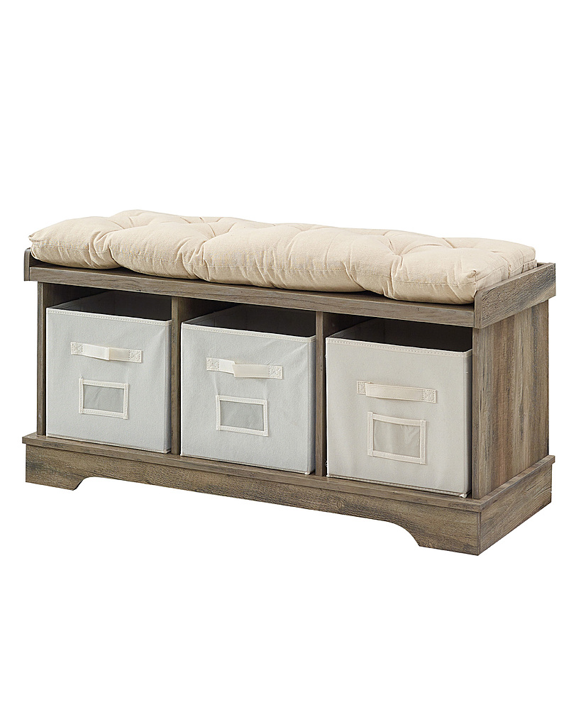 Left View: Walker Edison - Rustic Farmhouse Entryway Storage Bench with Totes - Grey Wash