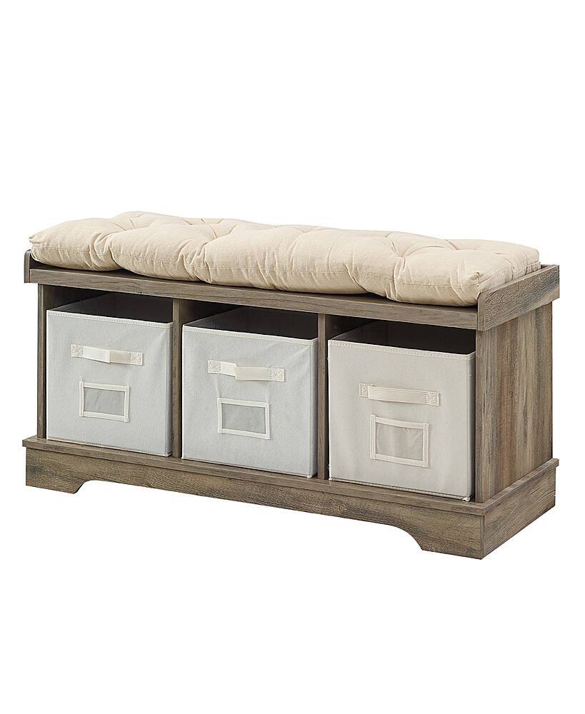 Left. Walker Edison - Rustic Farmhouse Entryway Storage Bench with Totes - Grey Wash.
