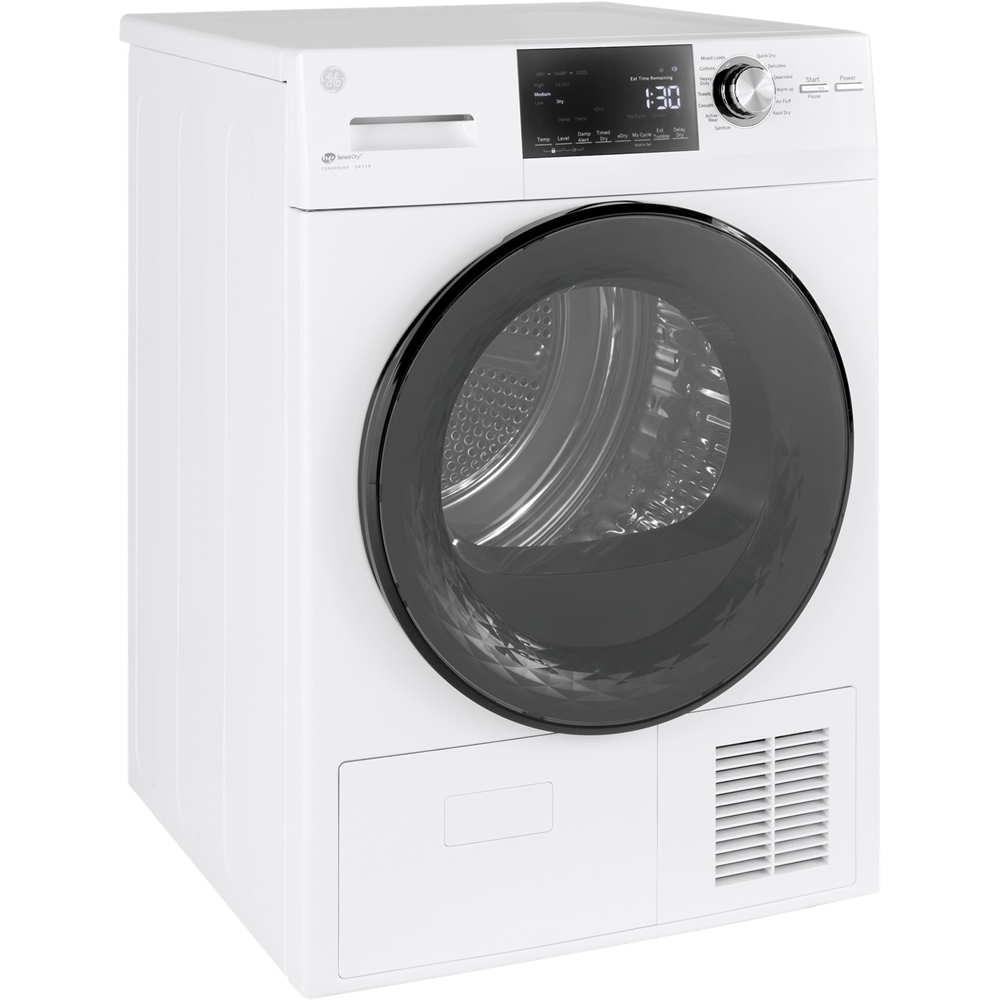 Left View: GE® 7.8 cu. ft. Capacity Smart Front Load Gas Dryer with Steam and Sanitize Cycle