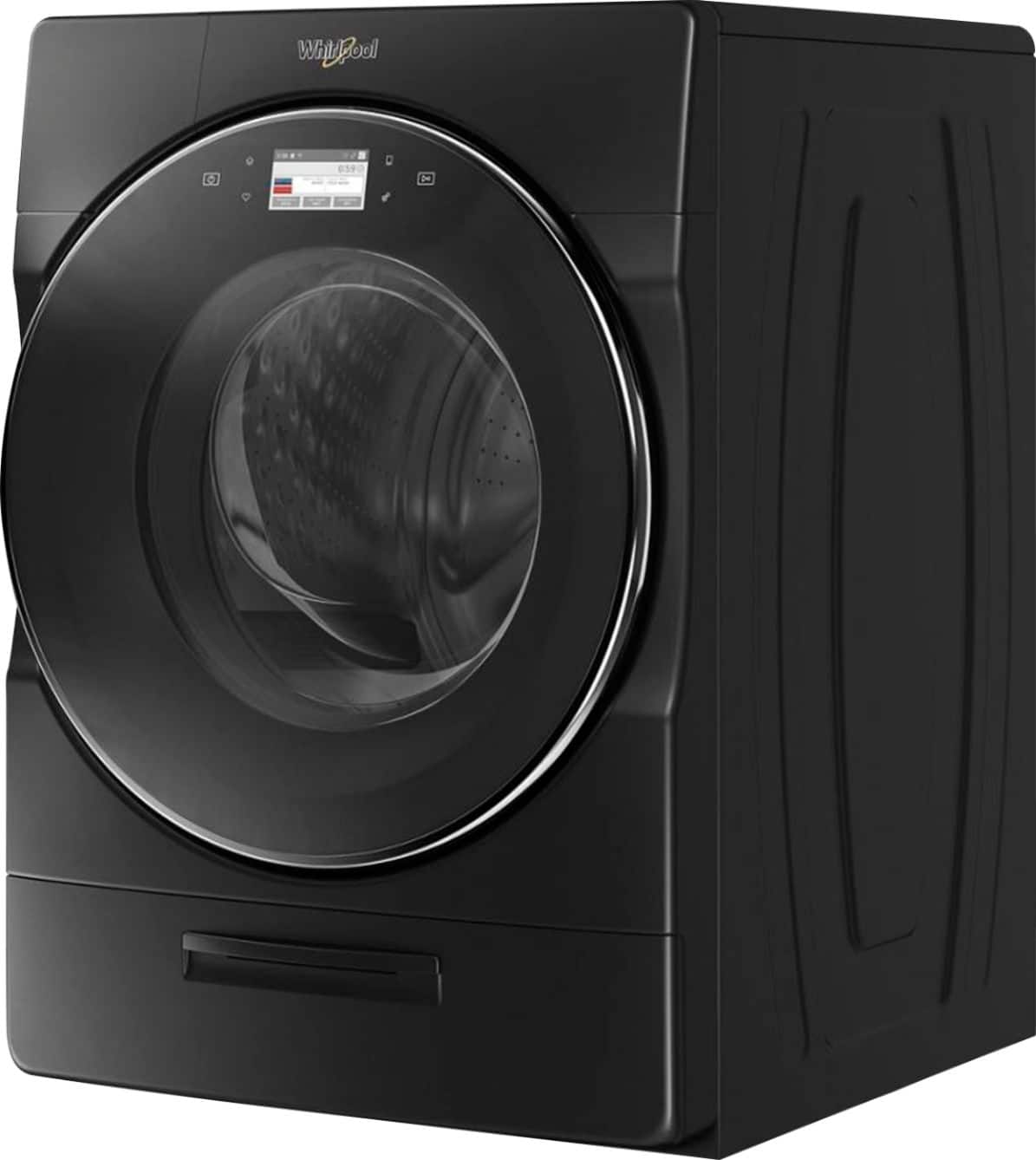 Left. Whirlpool - 5.0 Cu. Ft. High Efficiency Stackable Smart Front Load Washer with Steam and Load & Go XL Dispenser - Black Shadow.