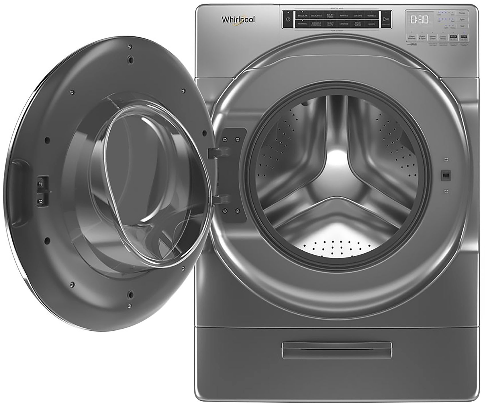 Left View: Whirlpool - 5.0 Cu. Ft. High Efficiency Stackable Front Load Washer with Steam and Load & Go XL Dispenser - Chrome shadow
