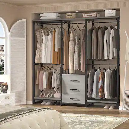 Front. Aheaplus - Sturdy Metal Garment Rack with 3 Fabric Drawers, Wall Mounted Clothing Rack with 5 Hanging Rods & Storage Shelves - Gray.