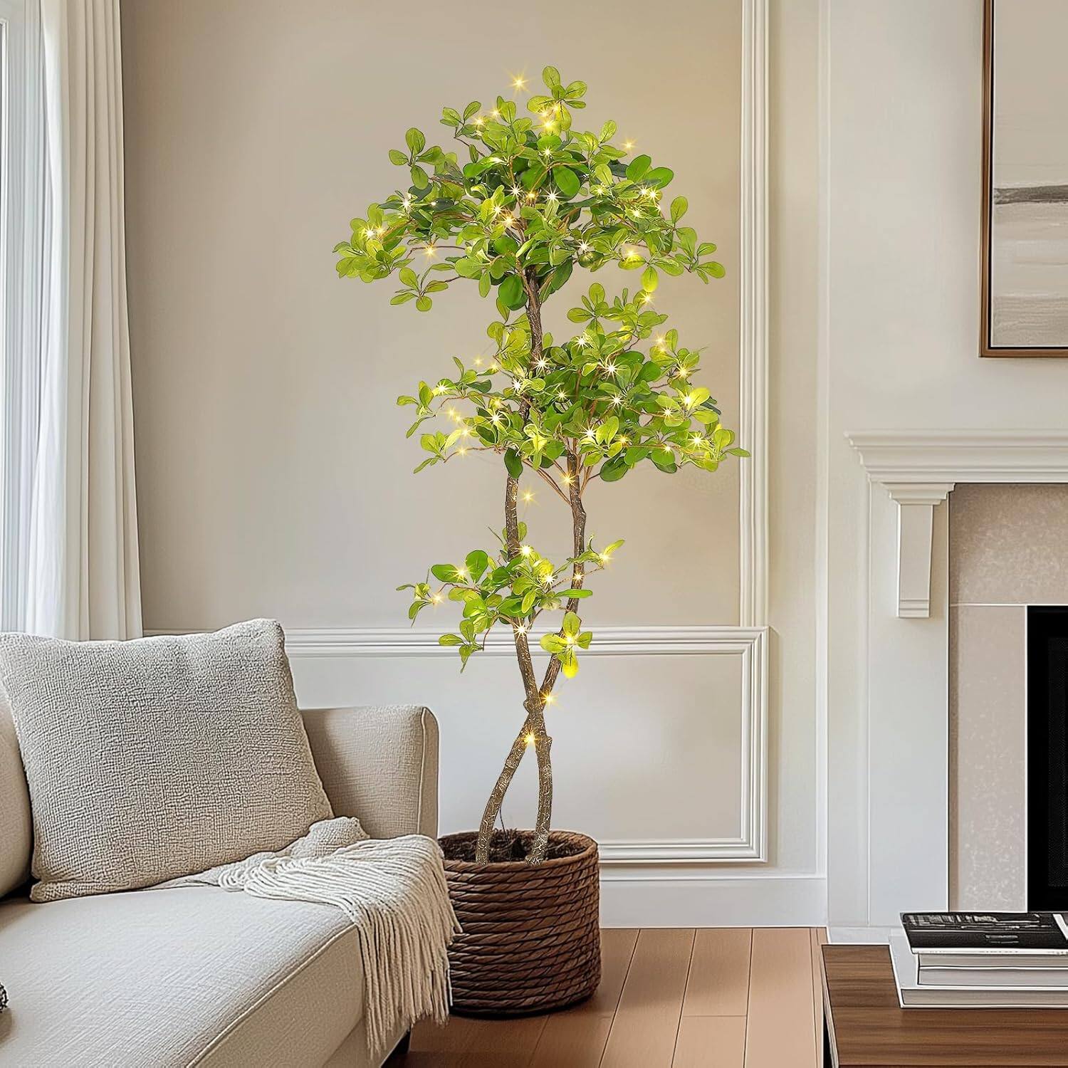 Front. Homhougo - Artificial Plants Indoor, 5 ft Fake Black Olive Tree with Lights Tall Fake Plants in Plastic Nursery Pot Fake Tree - Green With Light.