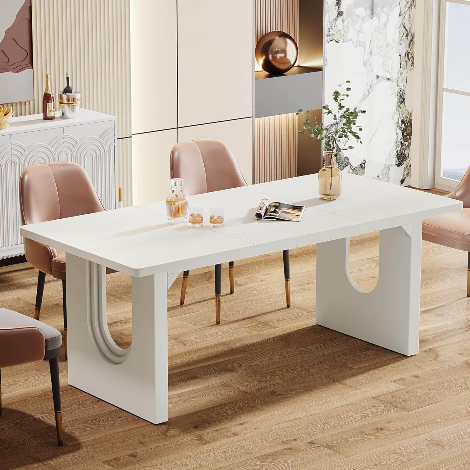 APRILSOUL - Modern 71in Rectangular Table for 6-8 People Large Kitchen Table with Wooden Pedestal Base for Room or Office - White