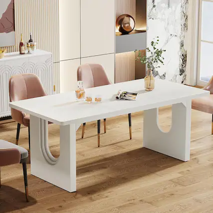 Front. APRILSOUL - Modern 71in Rectangular Table for 6-8 People Large White Kitchen Table with Wooden Pedestal Base for Room or Office - White.