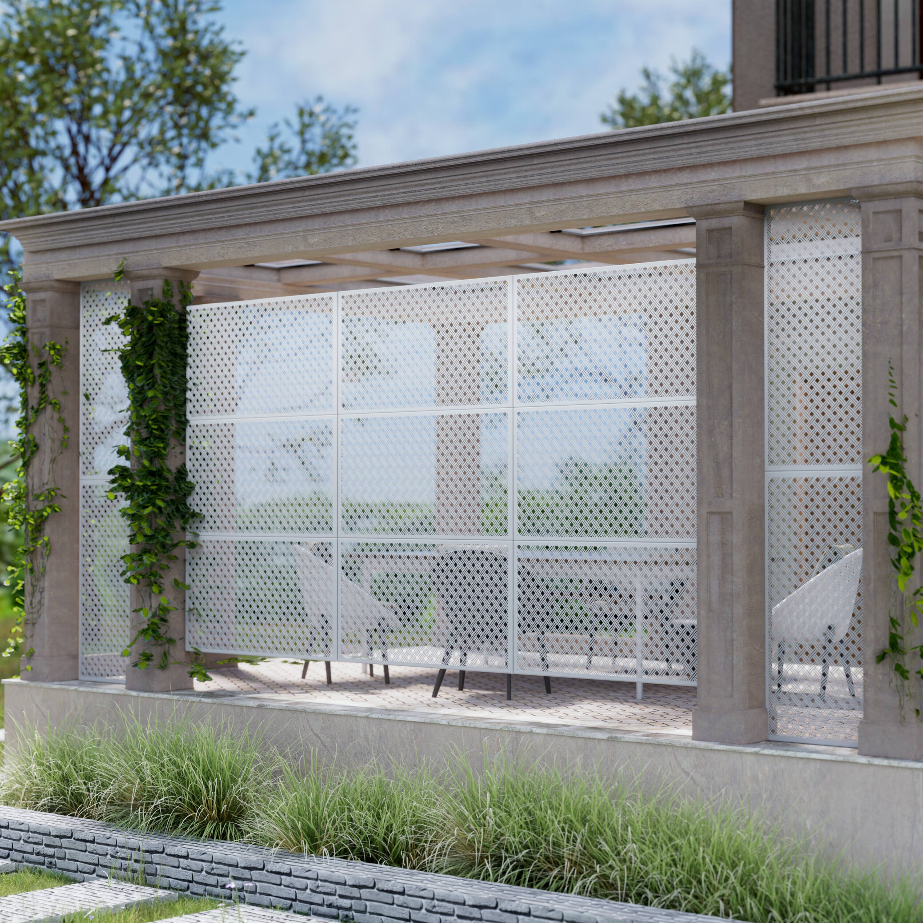 Alt View 3. PexFix - 72 in. x 47 in. Jason Pattern Metal Outdoor Privacy Screen & Panels, Freestanding Garden Divider Fence - White.