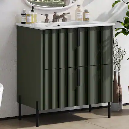 Front. Boyel Living - 30 Inch Bathroom Vanity with Ceramic Sink Full Extension Drawers Soft Close Fluted Design Green - Green.