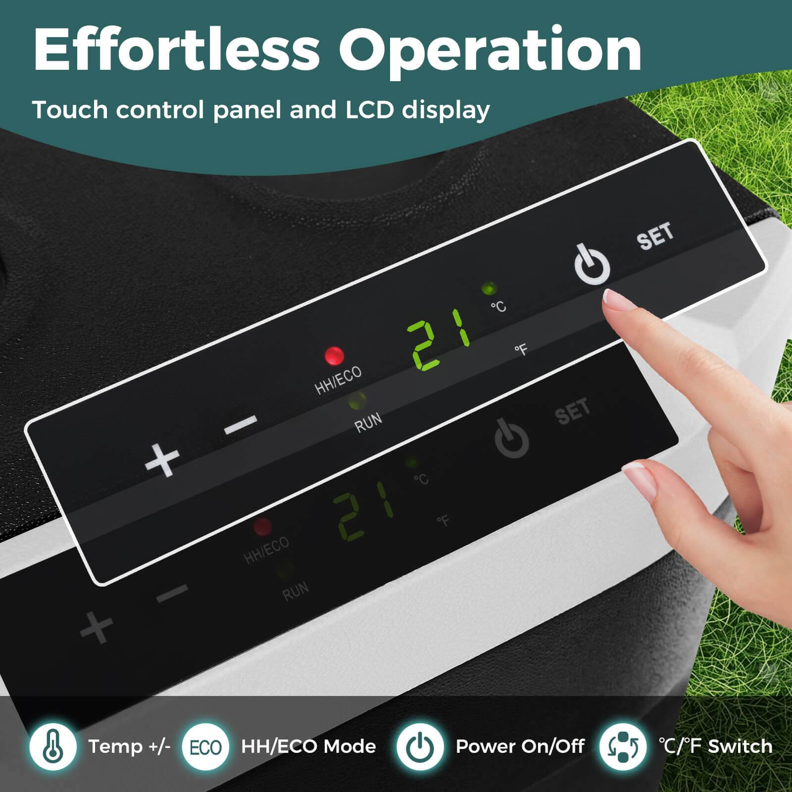 Effortless Operation  
Touch control panel and LCD display  

- Temp +/-  
- ECO  
- HH/ECO Mode  
- Power On/Off  
- °C/°F Switch  

21°C  
21°F  

HH/ECO  
RUN  

SET