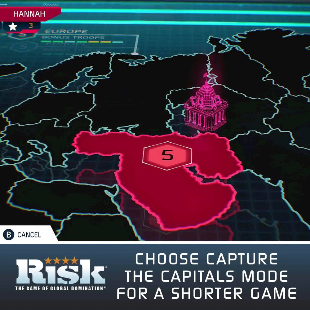 The image features a map of Europe with a red circle in the middle, indicating the location of the capital. The text on the image reads "Hannah 3 Europe C RONUS TROOPS OP S DONUS TROD 5 B CANCEL CHOOSE CAPTURE Risk THE CAPITALS MODE THE GAME OF GLOBAL DOMINATION* FOR A SHORTER GAME." The game appears to be a strategy or simulation game, where players can choose to capture the capital for a shorter game.