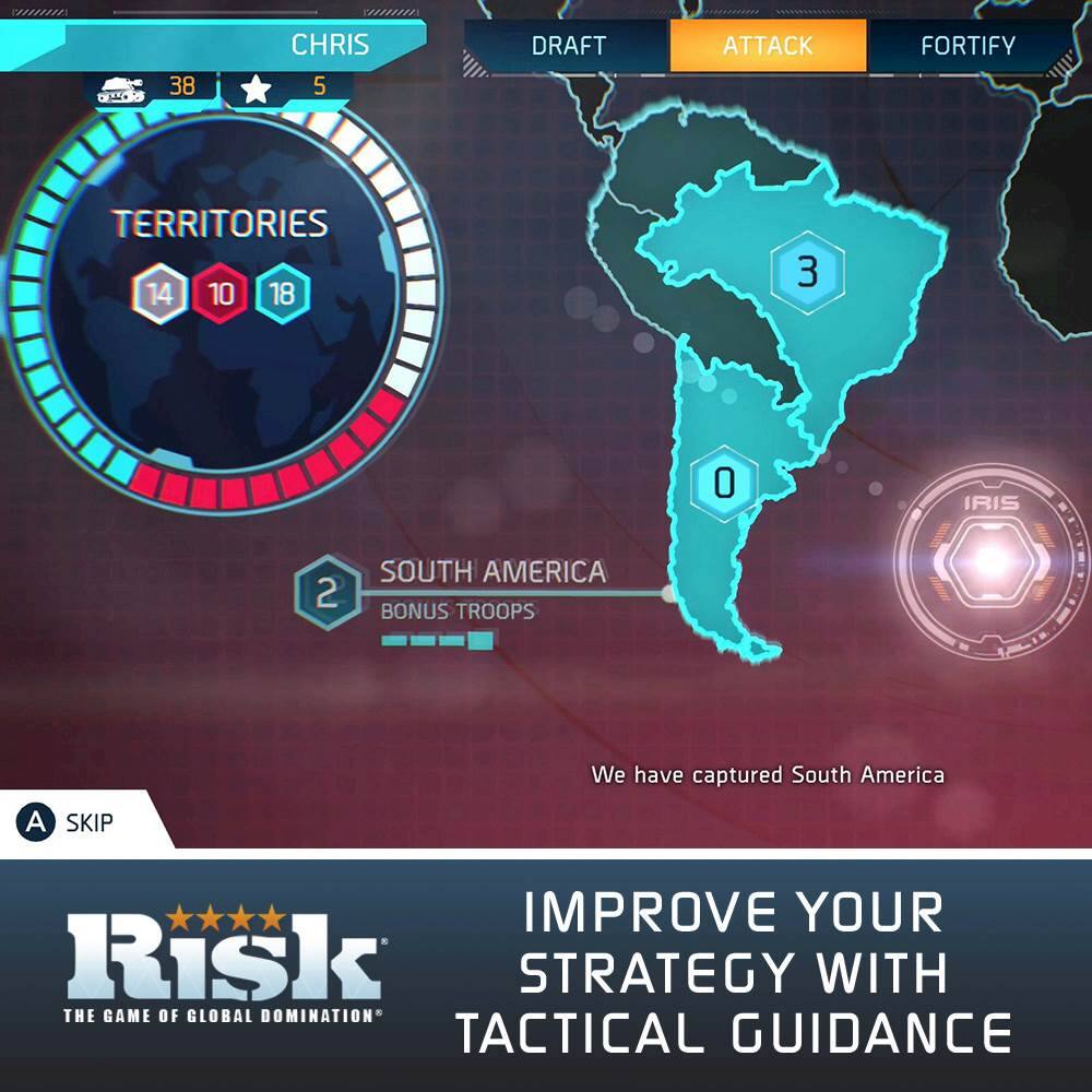 The image features a map of South America with a message encouraging players to improve their strategy with the game of global domination. The map is divided into territories, and the player's progress is displayed with numbers. The game is designed to help players develop tactical guidance and improve their overall gameplay.