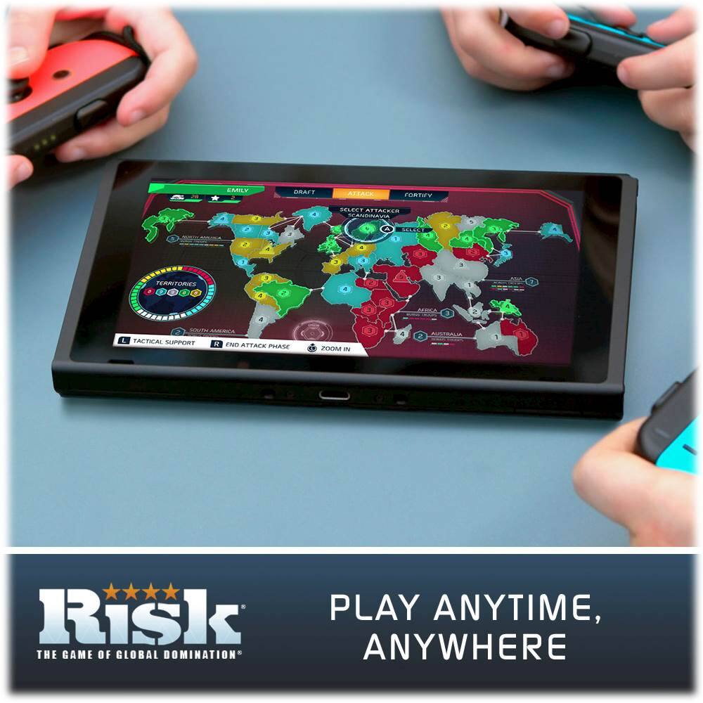 The image features a table with a tablet displaying a map of the world. There are two people in the scene, one on the left and another on the right, both holding game controllers. The tablet is placed in the center of the table, and the controllers are positioned on the left and right sides of the tablet. The scene suggests that the people are playing a game on the tablet, possibly a game of global domination.