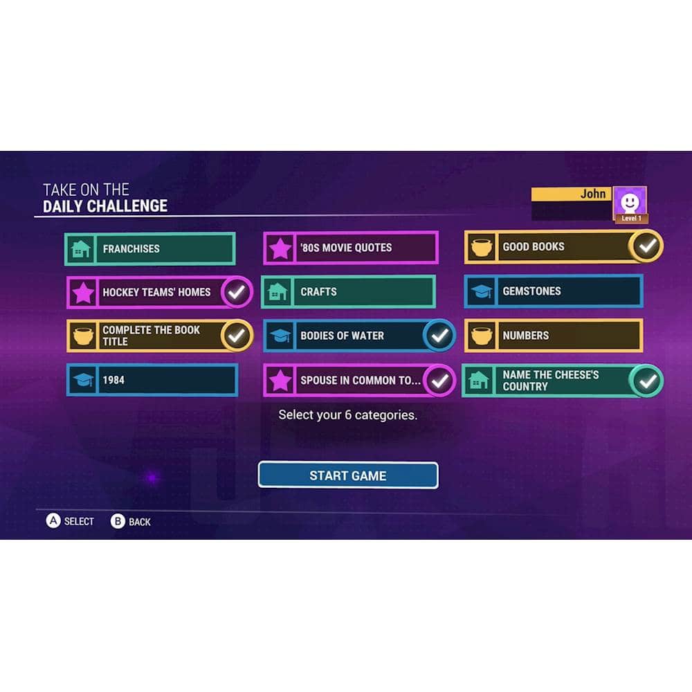 The image features a game screen with a daily challenge called "Take on the Daily Challenge." The challenge consists of various categories, such as franchises, 80s movie quotes, good books, hockey teams, homes, crafts, gemstones, and bodies of water. The player is required to select six categories from the list and complete the book title, spouse in common to, and name the cheese's country. The game screen also has a "Start Game" button and a "Back" button.