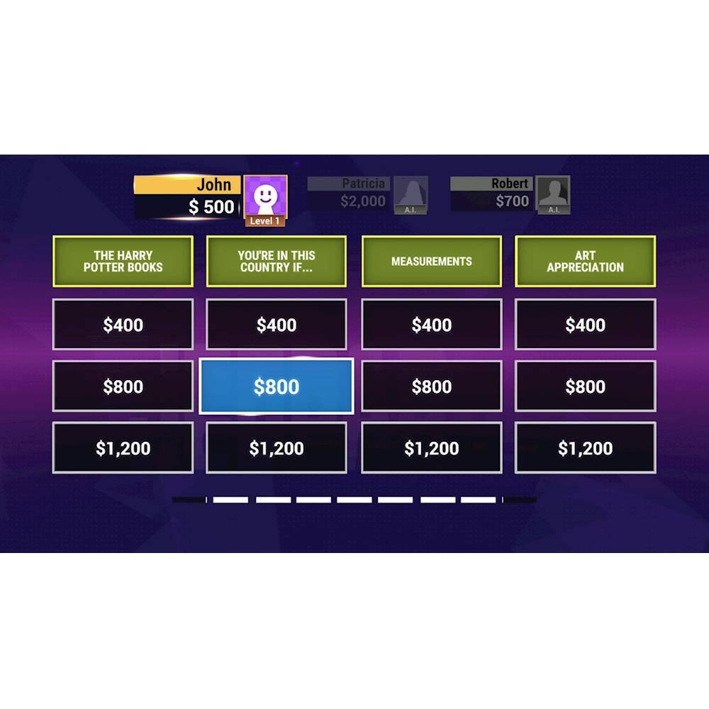 The image features a game with a list of names and dollar amounts. The largest text reads "John $500." The following text is cleaned up to read: "Level 1 Patricia $2,000 A.L. Robert $700 A.L. The Harry Potter books You're in this country if... Measurements Art Appreciation $400 $400 $400 $400 $800 $800 $800 $800 $1,200 $1,200 $1,200 $1,200."