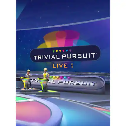 The image features a game show called Trivial Pursuit Live! with two men standing on a stage in front of a large sign. The men are wearing hats and are likely the hosts or contestants of the show. The stage is decorated with a colorful display, and there are two microphones visible, one on the left side and the other on the right side of the stage. The overall atmosphere of the image suggests an entertaining and engaging game show experience. - E (Everyone)