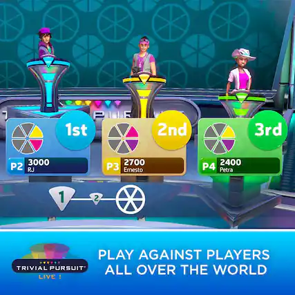 The image features three women standing on pedestals, each wearing a different color hat. They are likely participating in a game show or competition. The image also includes a graphic with the text "Play against players all over the world LIVE!" and a sign that reads "1st 2nd 3rd." The scene suggests that the women are competing against each other, and the game is being broadcasted or played online, allowing participants from all over the world to join in. - E (Everyone)