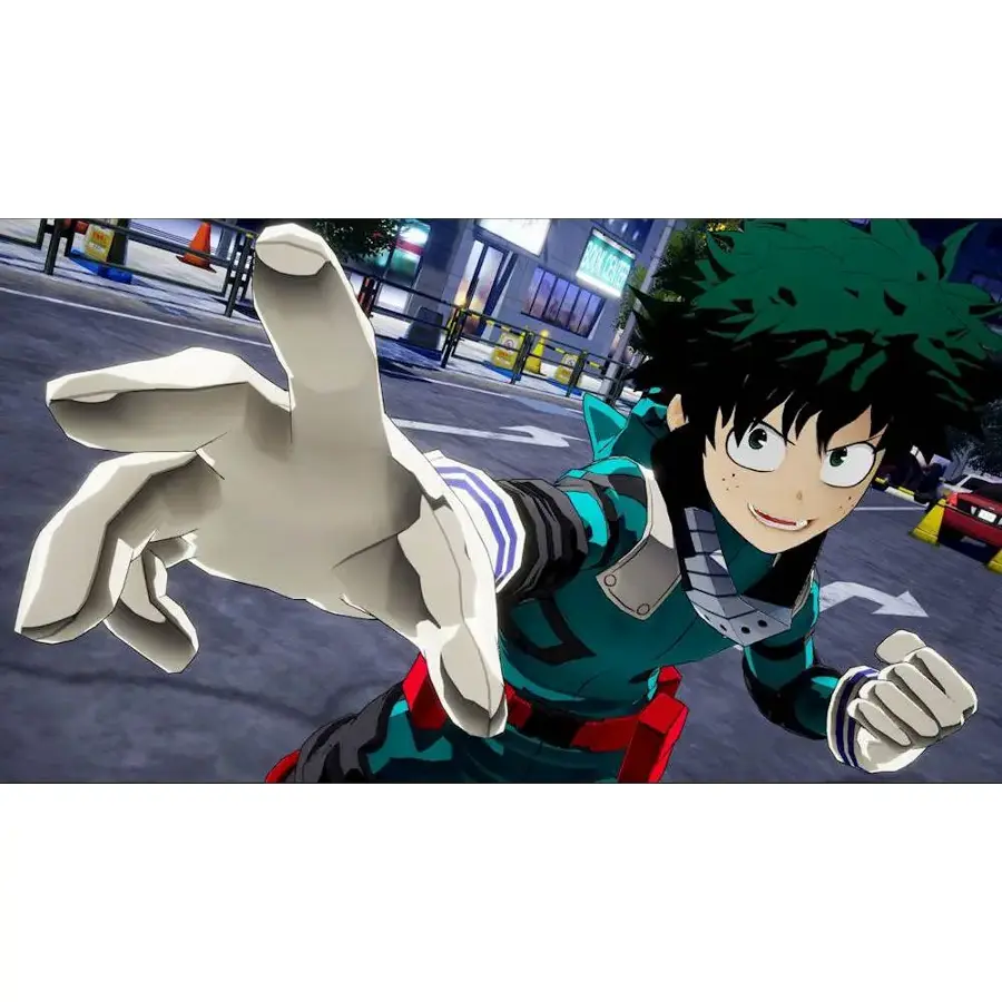 The image shows a character from the anime "My Hero Academia" standing on a street. The character is wearing a white glove and appears to be reaching out to the viewer. The scene also includes a car and a truck in the background, as well as a few other people in the area.