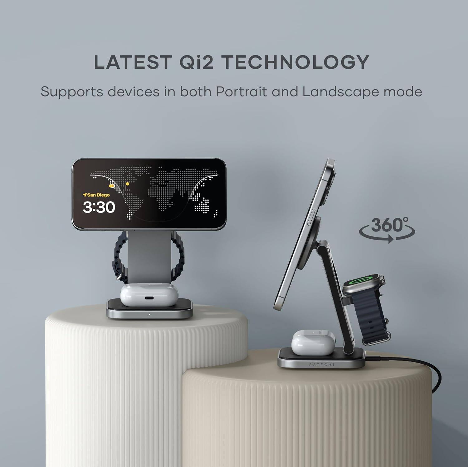 Latest Qi2 Technology Supports devices in both Portrait and Landscape mode.