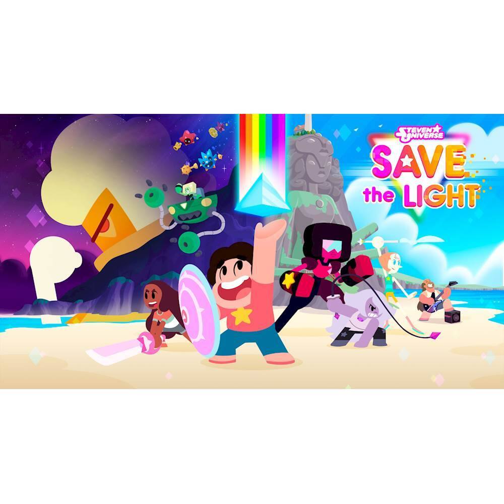 The image features a group of cartoon characters, including a boy and a girl, standing on a beach. The boy is holding a shield, while the girl is holding a surfboard. The characters are posing for a picture, and there are other people in the background. The image is promoting a video game, "Save the Light," which is set in a fantasy world. - E10+ (Everyone 10+)