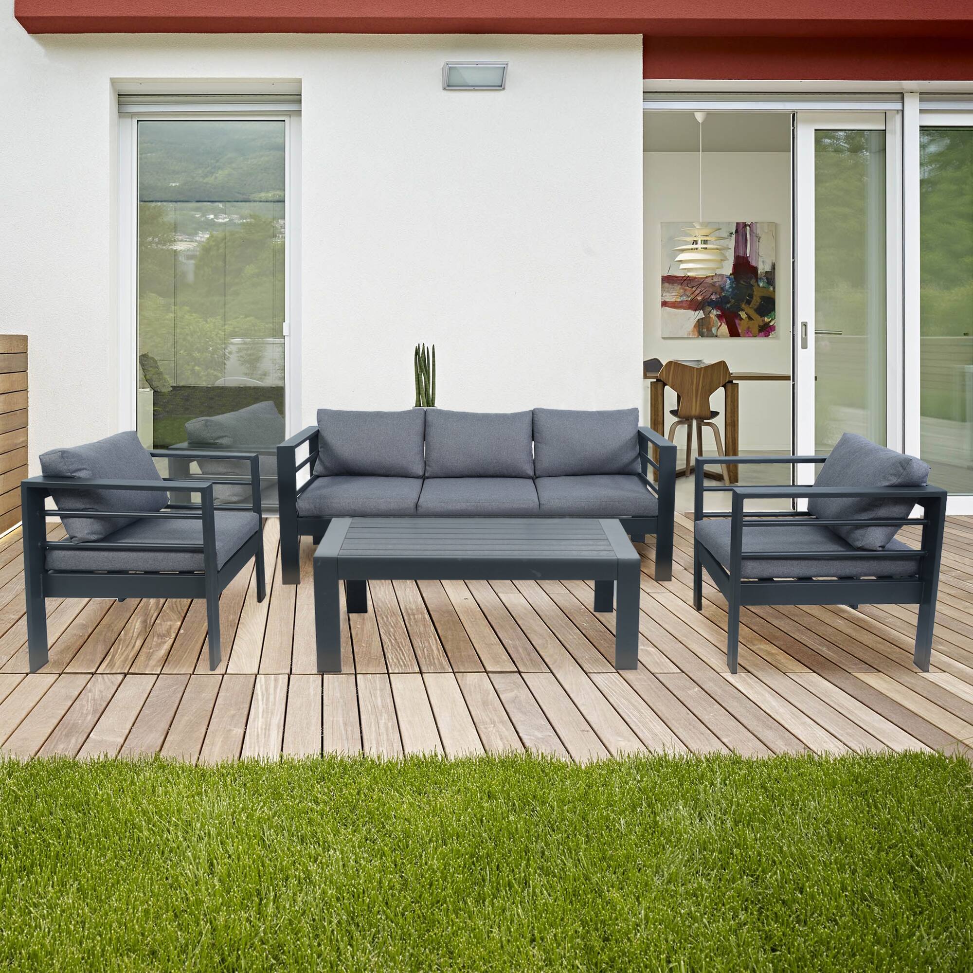 Alt View 1. Yardgrace - 4-Piece Aluminum All Weather Oversized Patio Conversation Set 27.5in Deep Seating 3.2in Wide Armrest 10in Back Cushion - Brown.