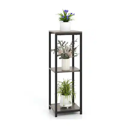 Front. Pefilos - 3-Tier Tall Metal Plant Stand Corner Plant Holder with Anti-tipping Device-Black & Gray, Plant Stand for Garden Home - Gray.
