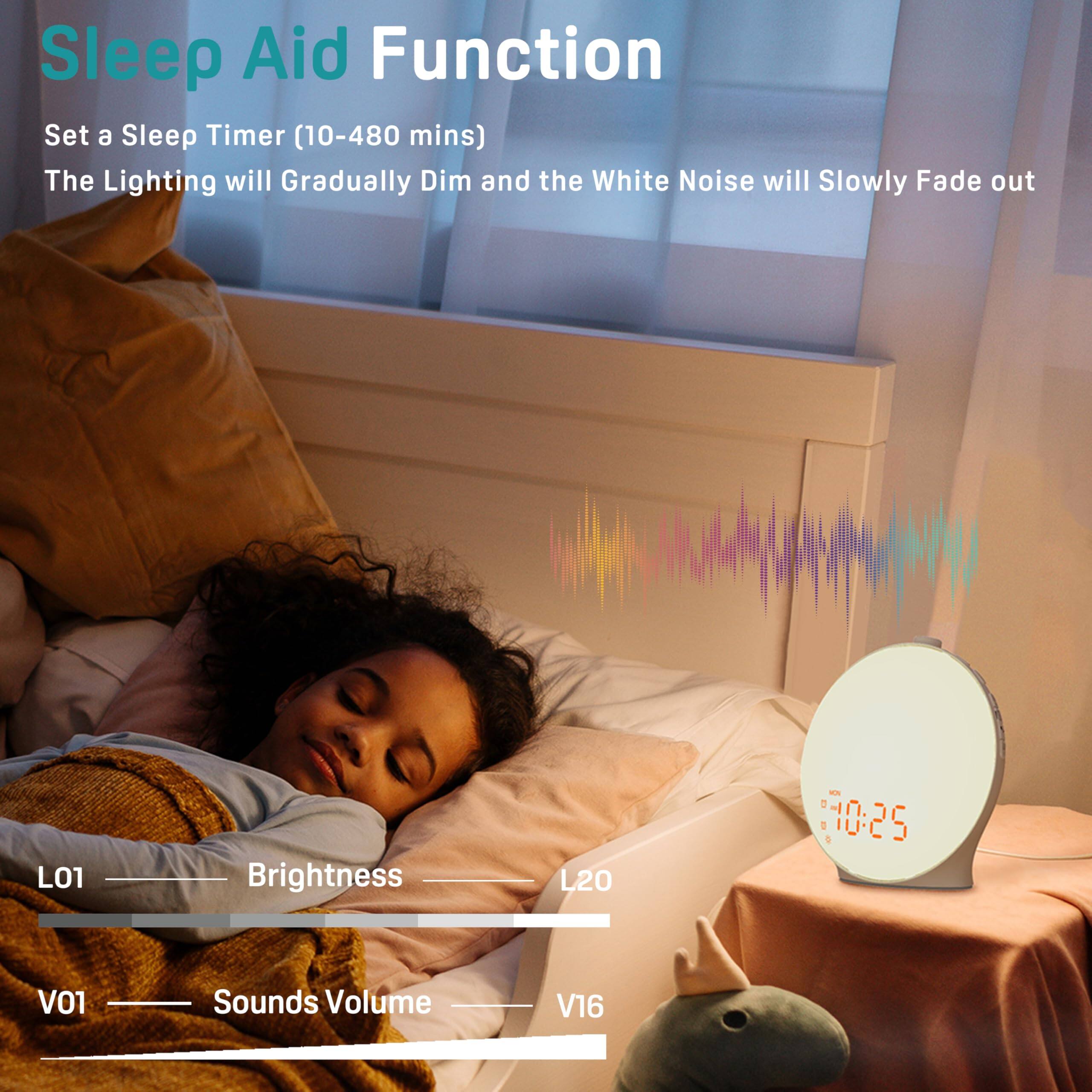 Sleep Aid Function  
Set a Sleep Timer (10-480 mins)  
The Lighting will Gradually Dim and the White Noise will Slowly Fade out  

L01 - Brightness  
L20  

V01 - Sounds Volume  
V16  

10:25