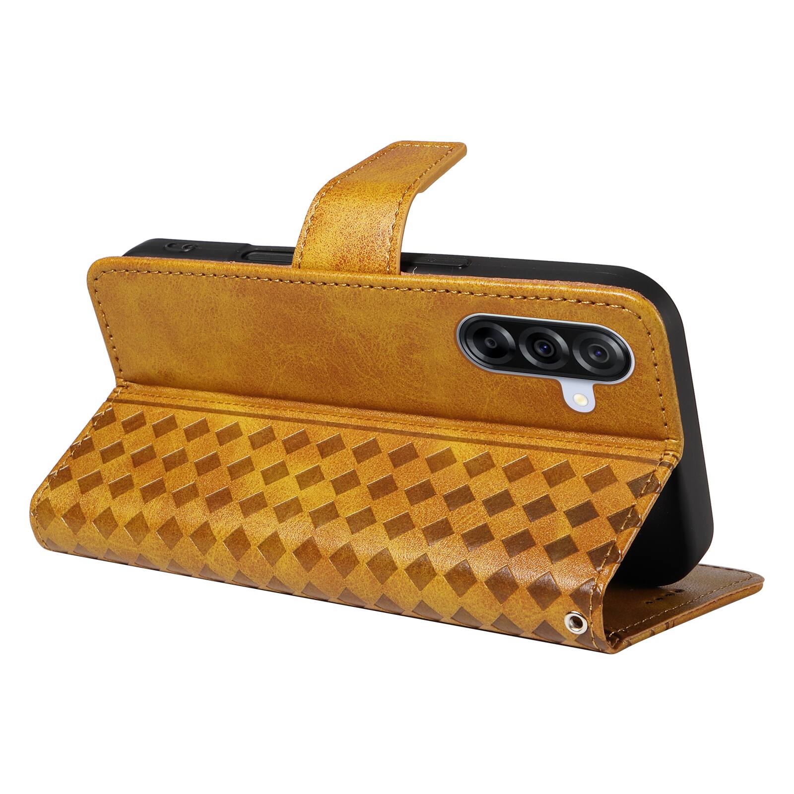 Left. Dteck - For Samsung Galaxy A17 5G Shockproof Leather Folio Kickstand Card Slots Wallet Case with Strap - Yellow.