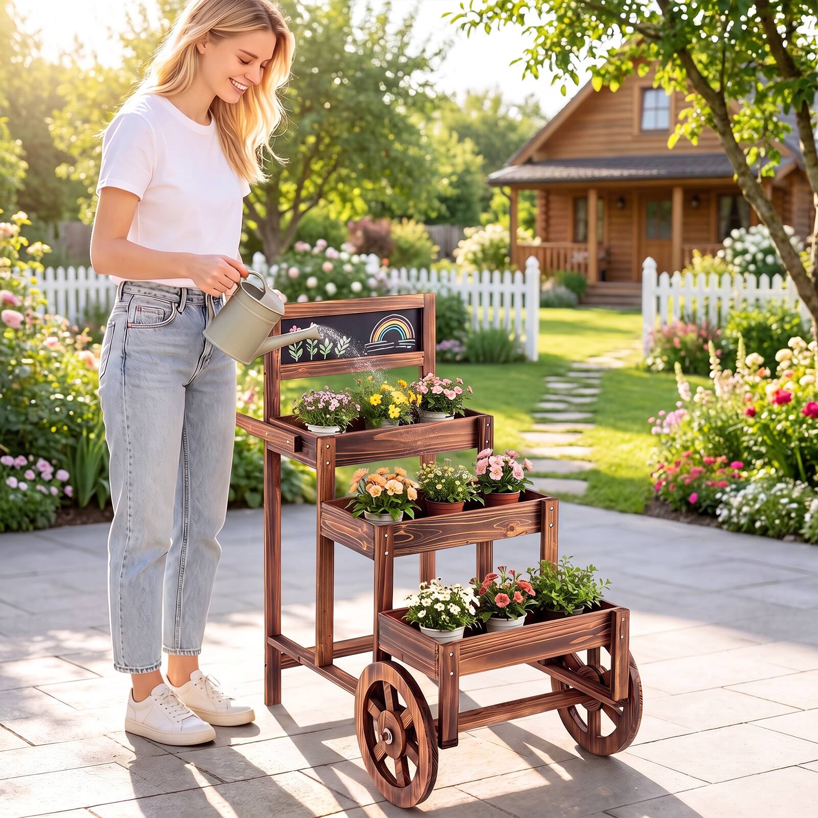 Alt View 1. Costway - Costway 3-Tier Carbonized Fir Wood Plant Display Stand with Chalkboard and 2 Wheels - Brown.