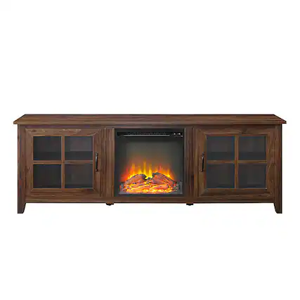 Front. Walker Edison - 70" Traditional Glass Door Cabinet Fireplace TV Stand for Most TVs up to 80" - Dark Walnut.