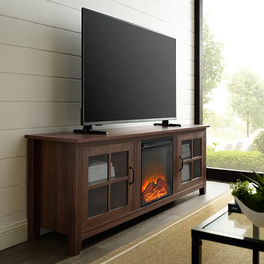 Alt View 13. Walker Edison - 70" Traditional Glass Door Cabinet Fireplace TV Stand for Most TVs up to 80" - Dark Walnut.