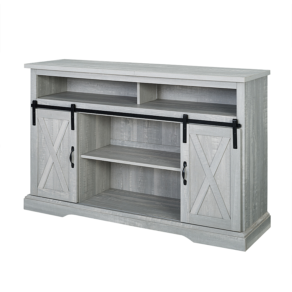 Left View: Walker Edison - Sliding Barn Door Highboy Storage Console for Most TVs Up to 56" - Stone Gray