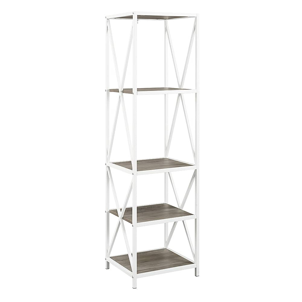 Angle View: Walker Edison - X-frame Industrial Wood and Metal 4-Shelf Bookcase - Gray Wash/White Metal