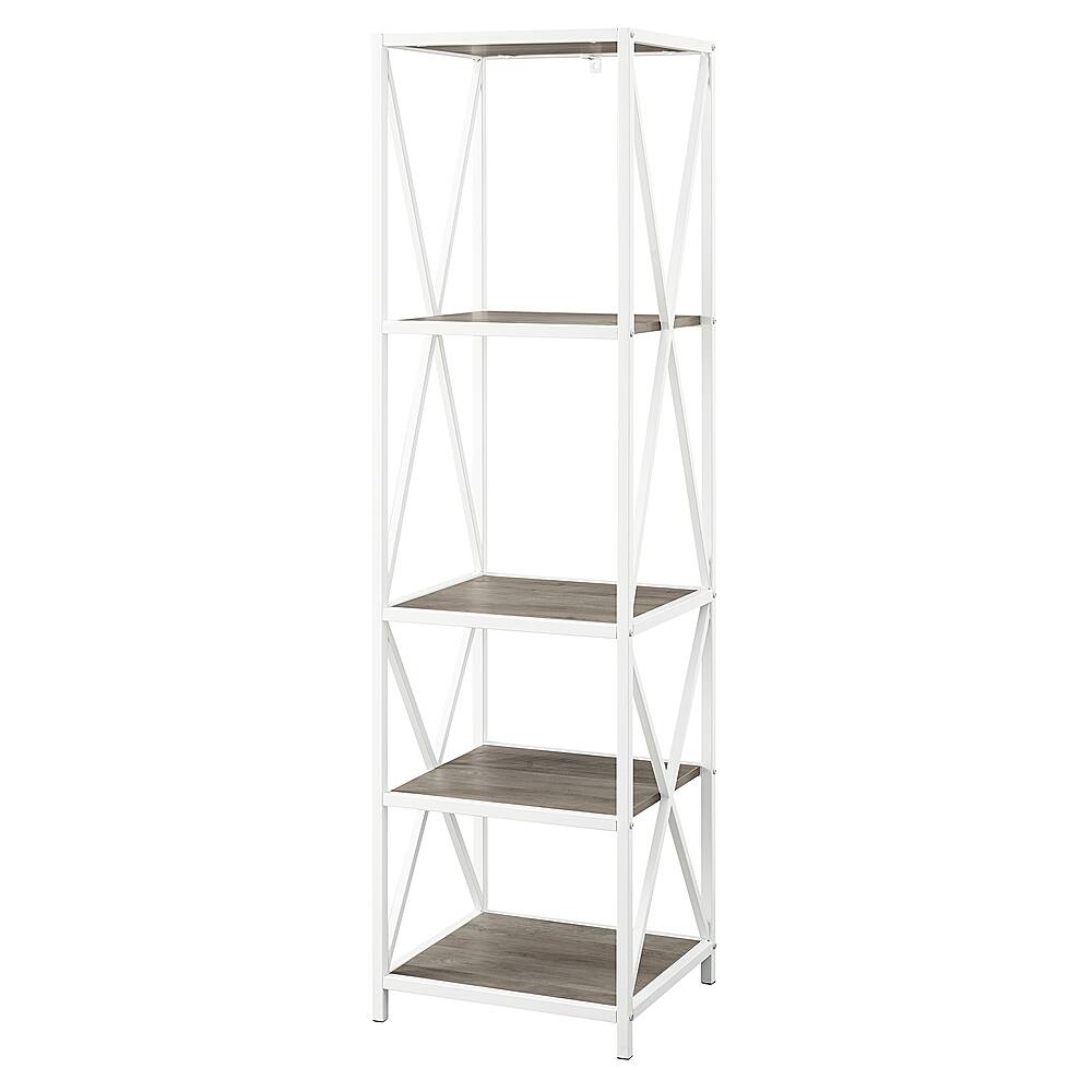 Left View: Walker Edison - X-frame Industrial Wood and Metal 4-Shelf Bookcase - Gray Wash/White Metal