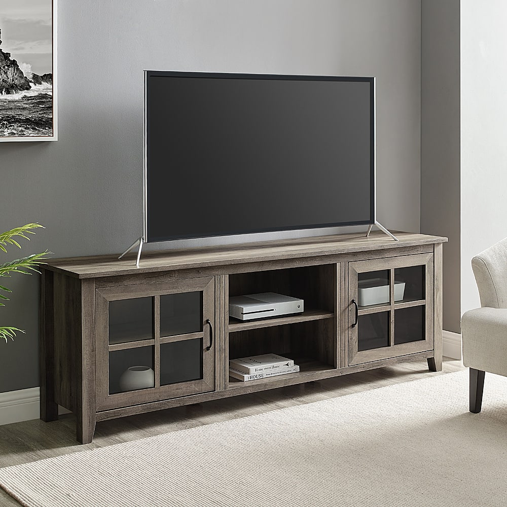 Alt View 13. Walker Edison - 70" Farmhouse Glass Door TV Stand Console for Most TVs Up to 80" - Grey Wash.