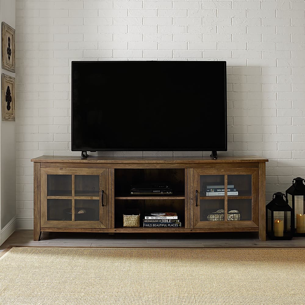 Alt View 12. Walker Edison - 70" Farmhouse Glass Door TV Stand Console for Most TVs Up to 80" - Rustic Oak.