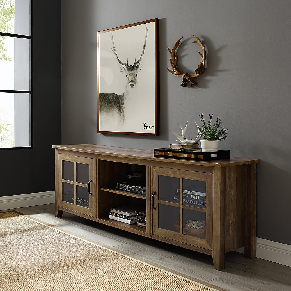 Alt View 13. Walker Edison - 70" Farmhouse Glass Door TV Stand Console for Most TVs Up to 80" - Rustic Oak.