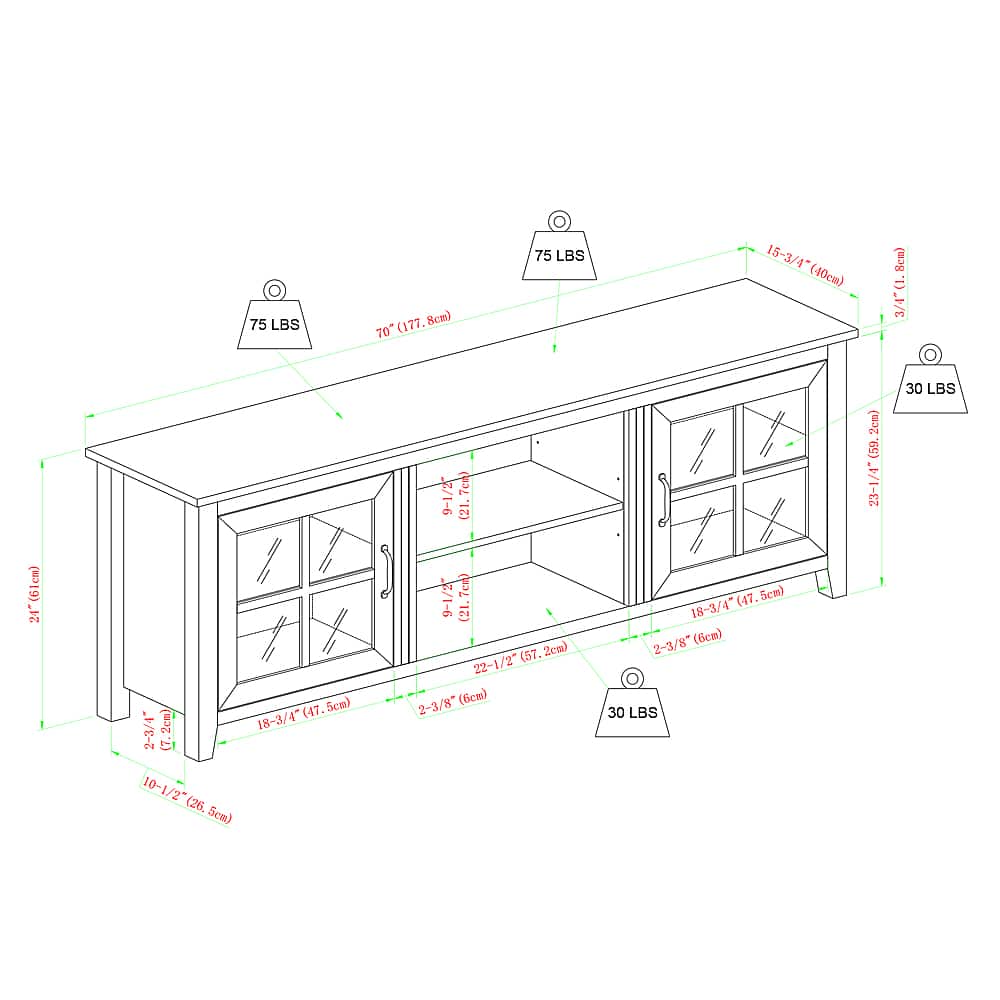 The image shows a wooden cabinet with measurements and labels for different parts. The cabinet is designed to hold 75 lbs, and it has dimensions of 177.8 cm (177 8cm) in length, 40 cm (15-3/4") in width, and 59.23-1/4" (24 61cm) in height. The cabinet has a shelf that can hold 30 lbs, and it measures 26.5 cm (10-1/2") in length, 7.5 cm (2-3/4") in width, and 2.5 cm (1") in height. The cabinet also has a door that is 26.5 cm (10-1/2") in length, 7.5 cm (2-3/4") in width, and 2.5 cm (1") in height.