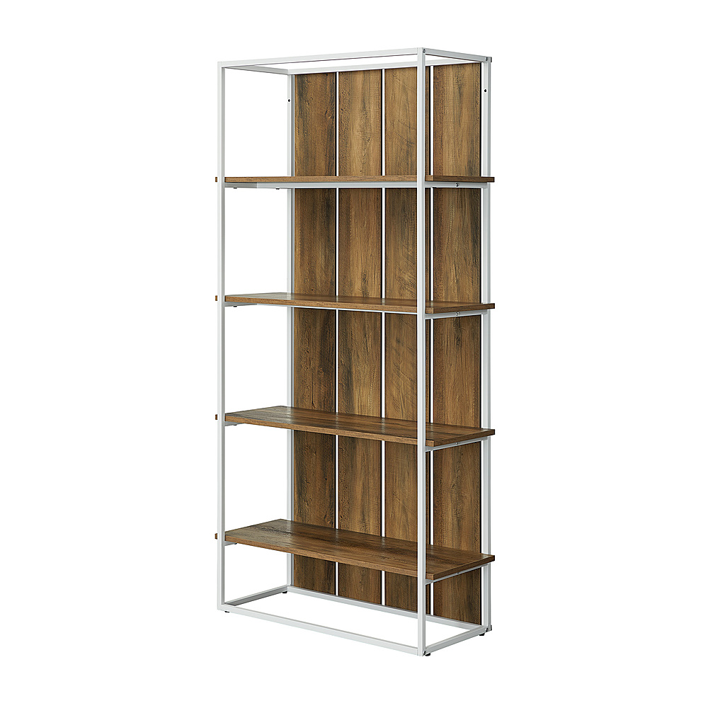 Left View: Walker Edison - Shiplap Wood and Metal 4-Shelf Bookcase - Rustic Oak/White