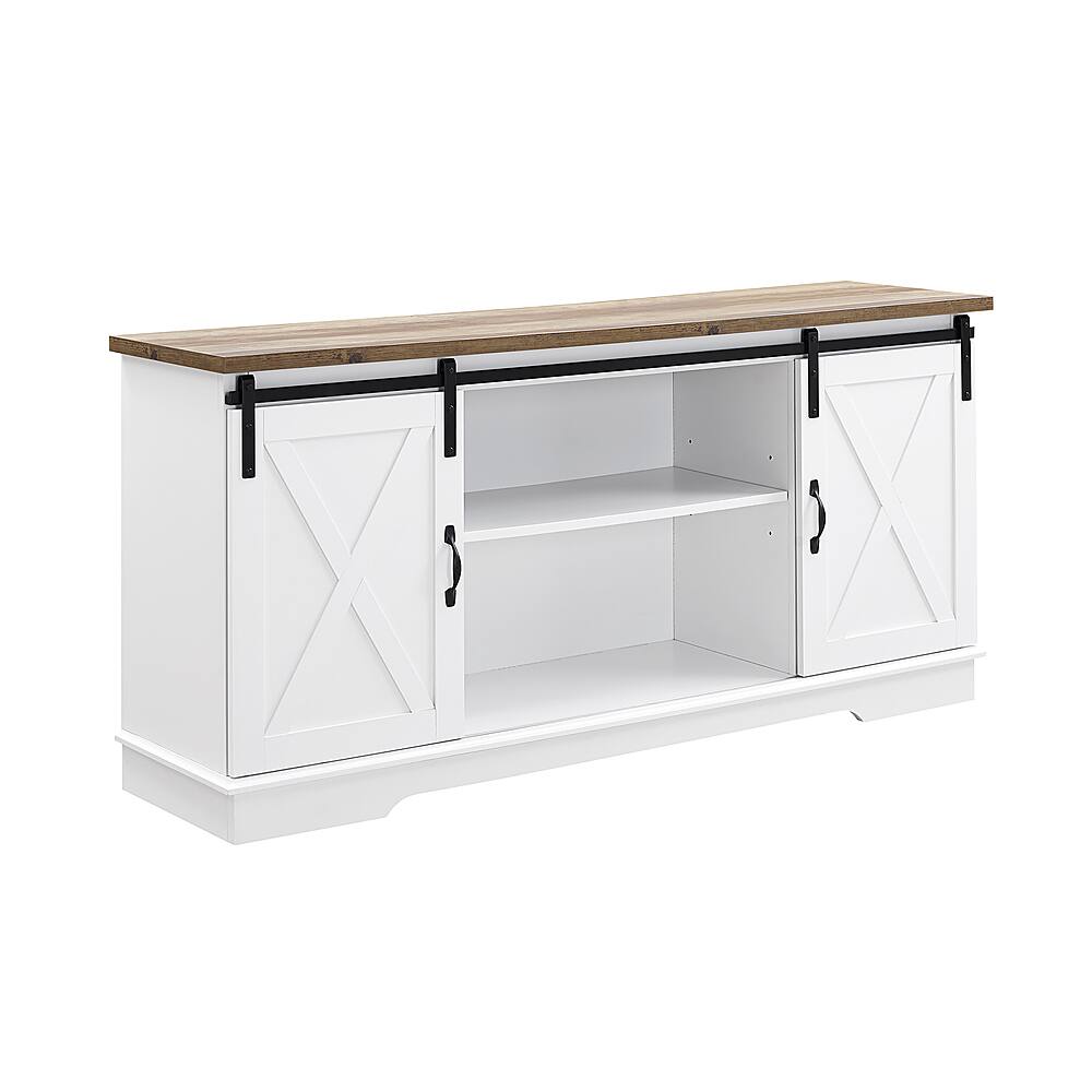 Angle. Walker Edison - 58" Modern Farmhouse Sliding Door TV Stand for Most TVs up to 65" - Bright White Brown.