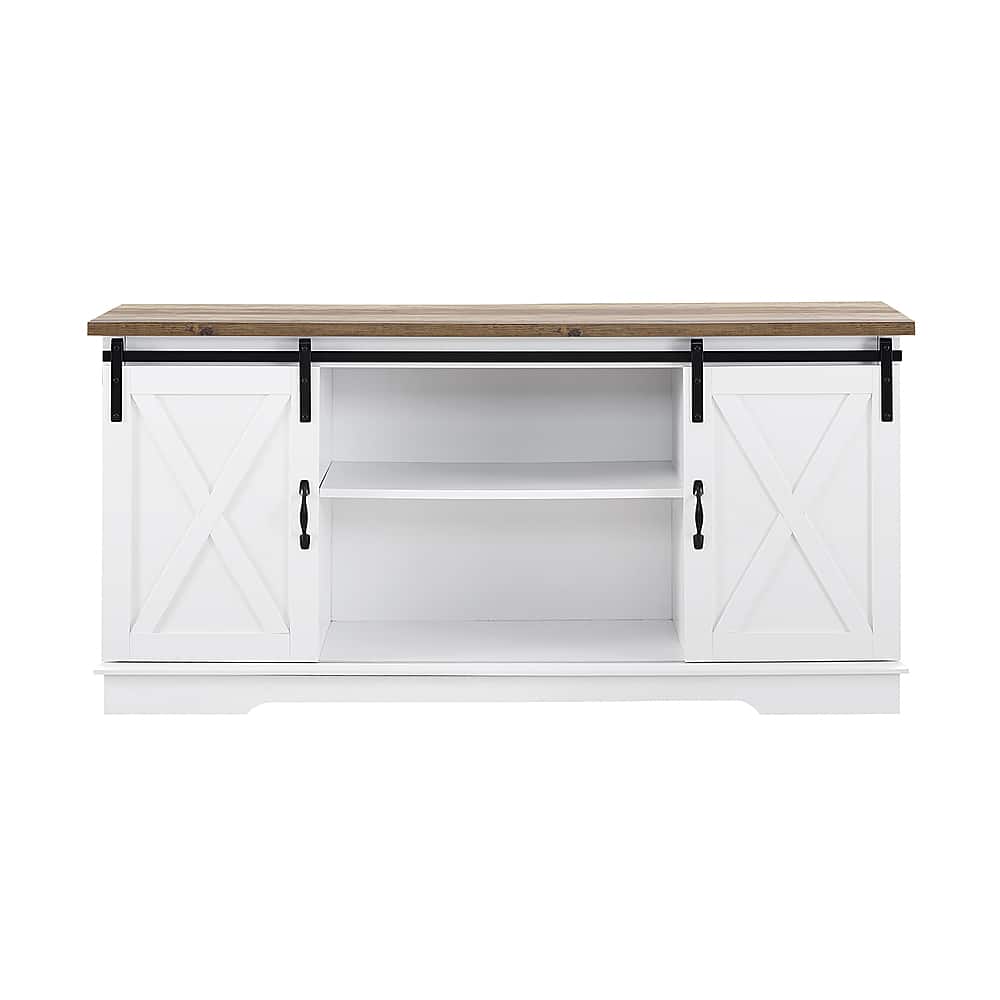 Front. Walker Edison - 58" Modern Farmhouse Sliding Door TV Stand for Most TVs up to 65" - Bright White Brown.