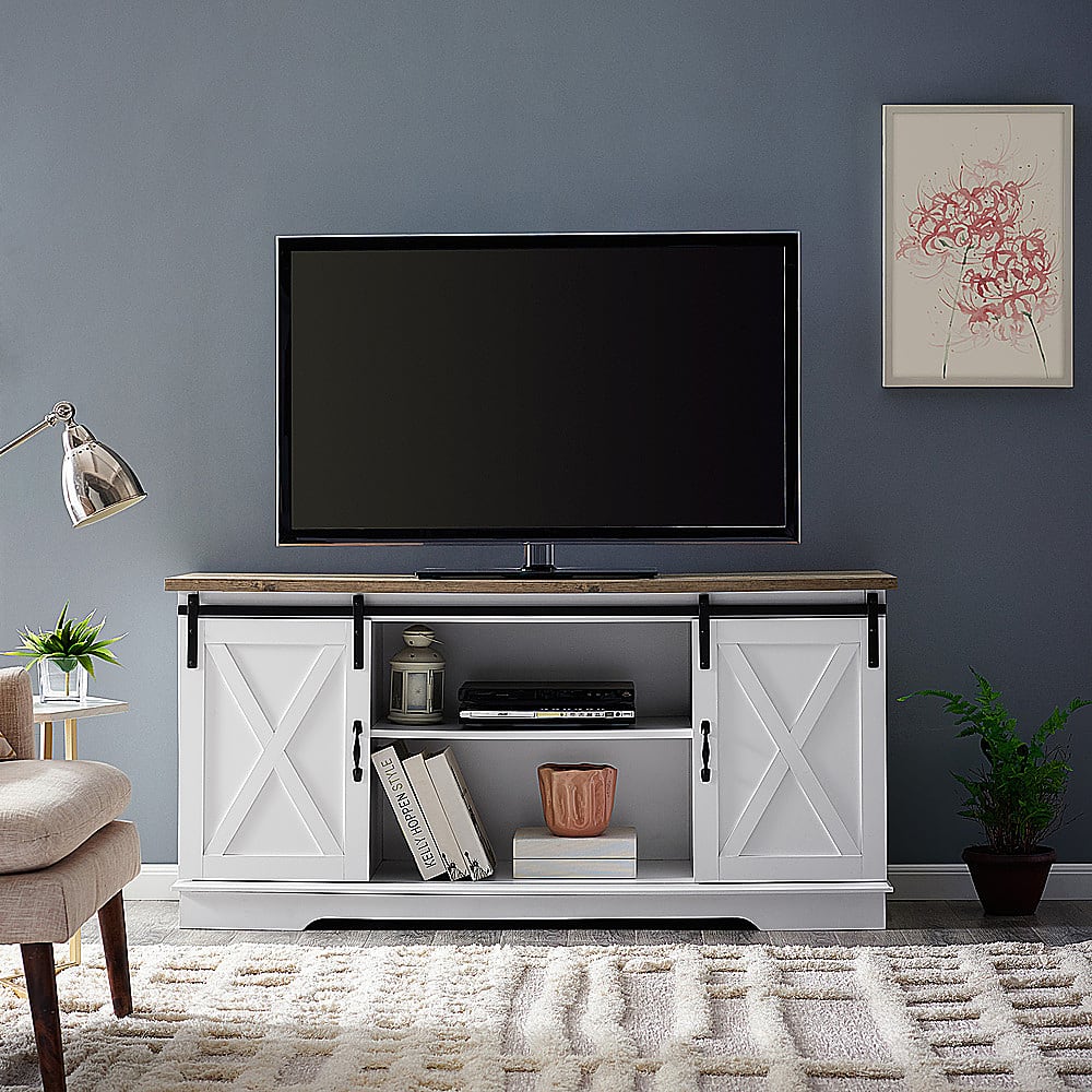 Alt View 11. Walker Edison - 58" Modern Farmhouse Sliding Door TV Stand for Most TVs up to 65" - Bright White Brown.