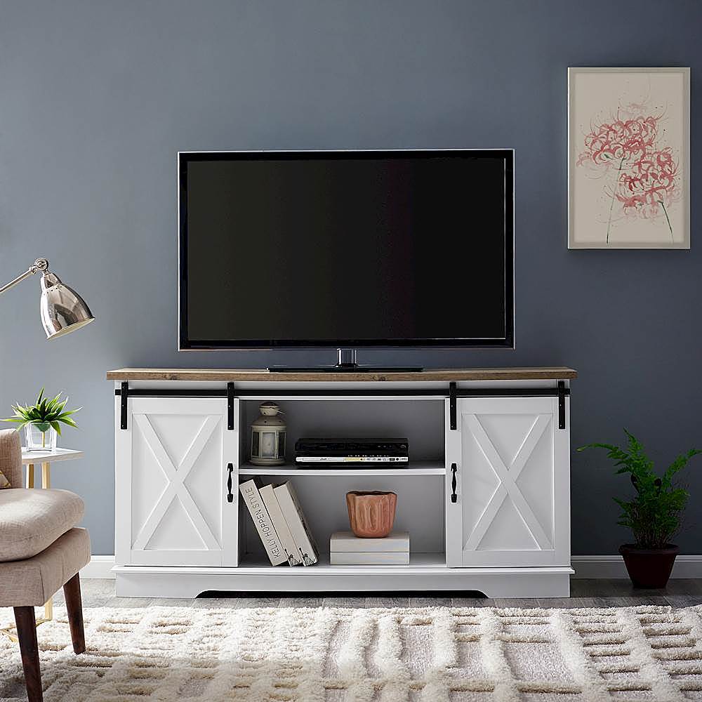 Best Buy: Walker Edison 58 Modern Farmhouse Sliding Door TV Stand for Most  TVs up to 65 Rustic White Brown BB58SBDWO