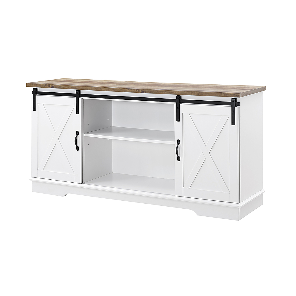 Left View: Walker Edison - Industrial Farmhouse Sliding Door TV Stand for Most TVs up to 65" - Bright White Brown
