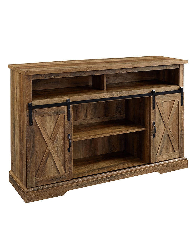 Angle View: Walker Edison - Sliding Barn Door Highboy Storage Console for Most TVs Up to 56" - Rustic Oak
