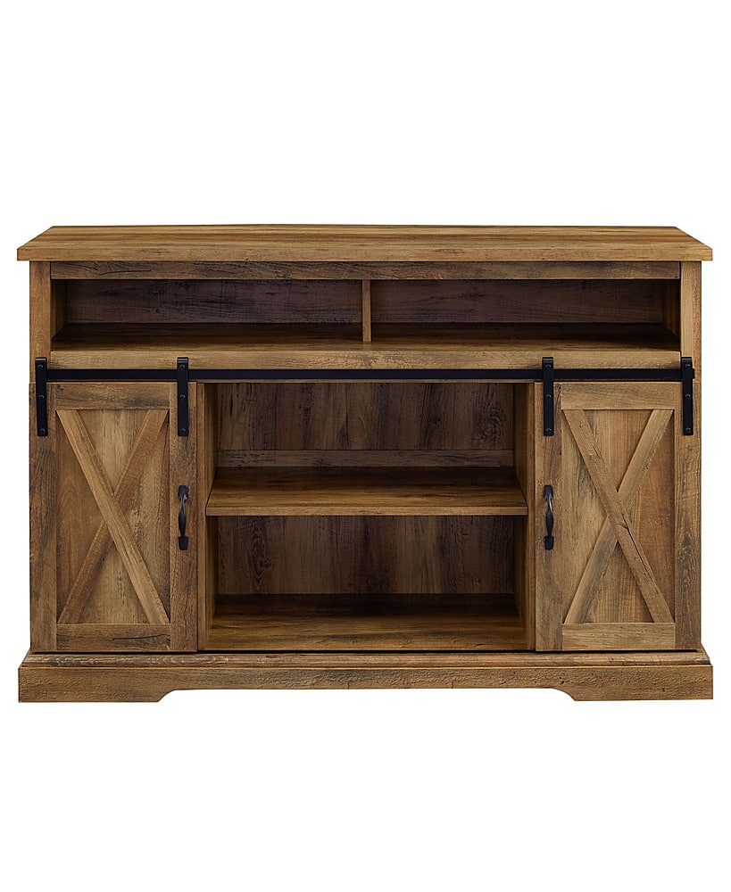 Front. Walker Edison - Sliding Barn Door Highboy Storage Console for Most TVs Up to 56" - Rustic Oak.