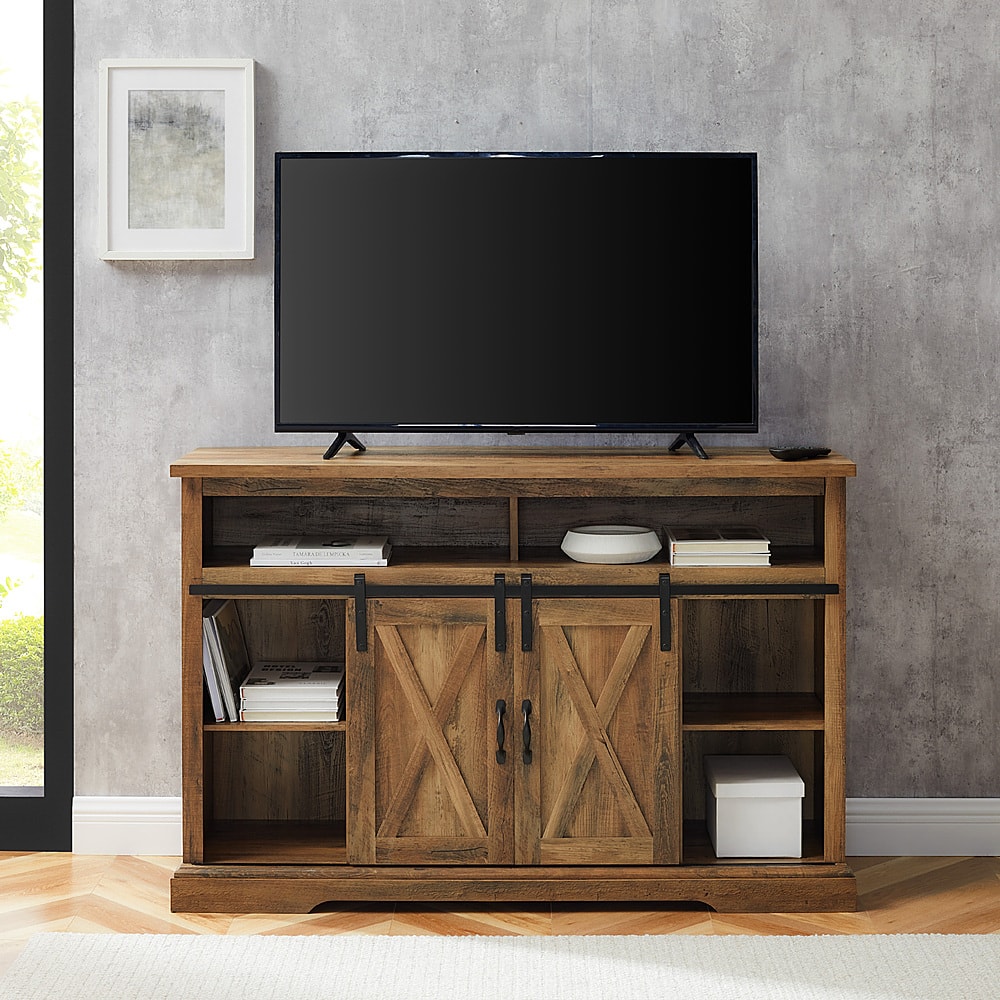 Alt View 11. Walker Edison - Sliding Barn Door Highboy Storage Console for Most TVs Up to 56" - Rustic Oak.