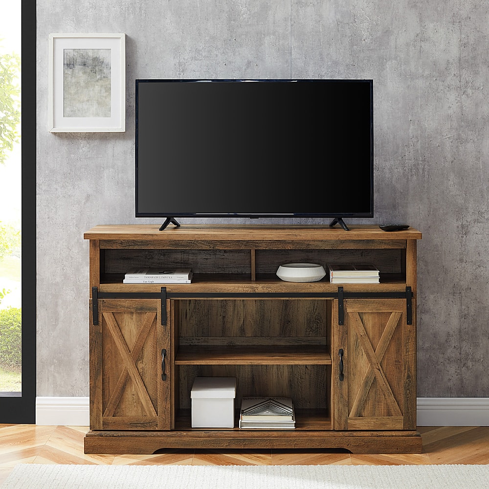 Alt View 12. Walker Edison - Sliding Barn Door Highboy Storage Console for Most TVs Up to 56" - Rustic Oak.