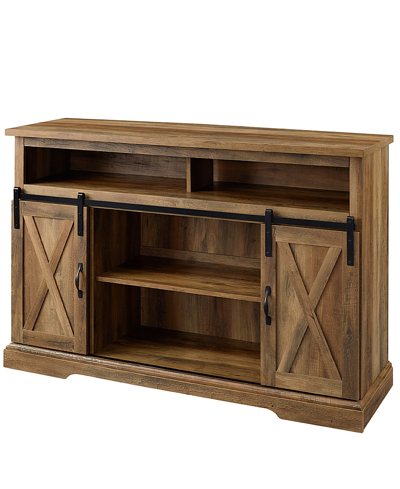 Left View: Walker Edison - Sliding Barn Door Highboy Storage Console for Most TVs Up to 56" - Rustic Oak